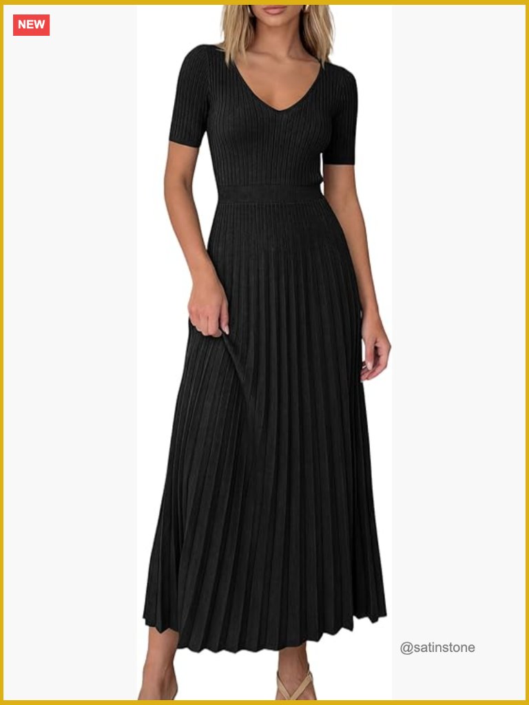 Short Sleeve V Neck Pleated Ribbed Knit A Line Midi Sweater Dress